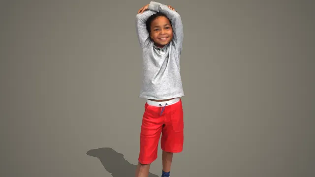 灰卫衣红短裤男孩展臂微笑站姿 3D 模型