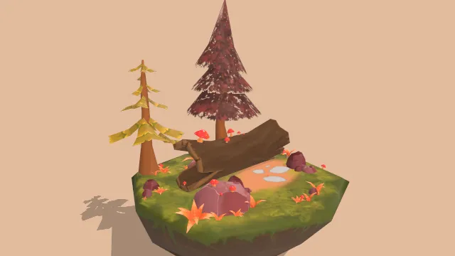 卡通风格森林小场景破旧木头树木