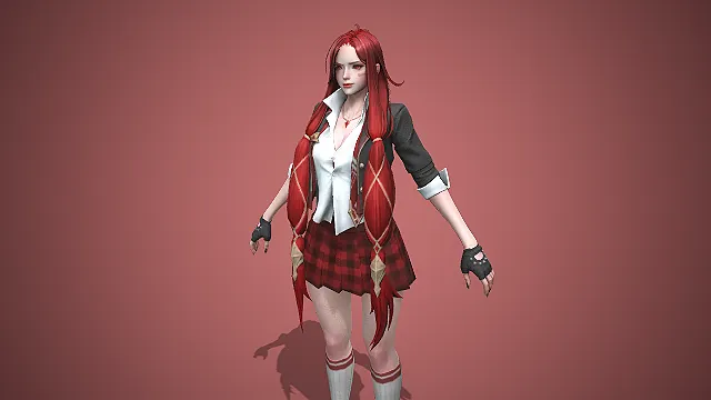 红格裙黑袖制服红发元气少女：赤焰学院风活力角色模型