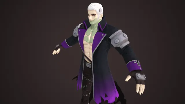 暗黑机能风格  反派角色  白发  异瞳  肌肉线条  金属扣饰  工装裤  黑紫主色  邪魅调性