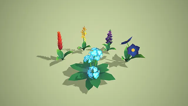 卡通风格绣球穗状花组合 3D 低多边形野外植被装饰模型