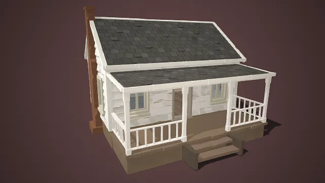 低多边形  乡村小屋  开放式门廊  白色围栏与台阶  乡村民居  质朴质感  清新温馨