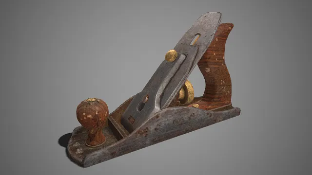 老旧的木工刨  金属刨身  锈蚀与磨损痕迹  黄铜件装饰  刨刀  旧物的独特韵味  木工匠