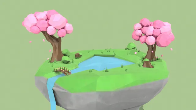 卡通风格化漂浮的岛屿河流场景