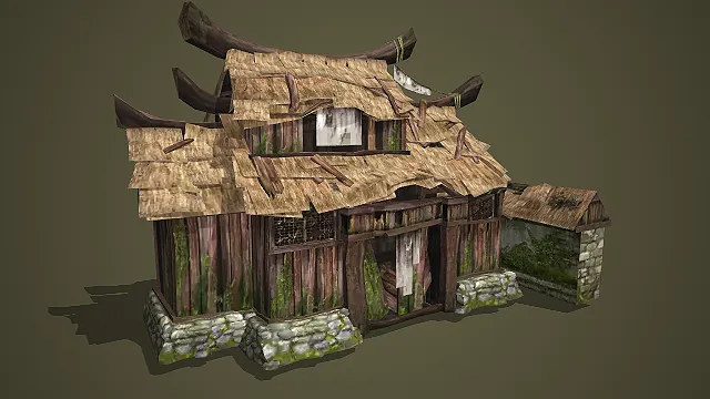 带附属小屋的老旧茅草屋低模