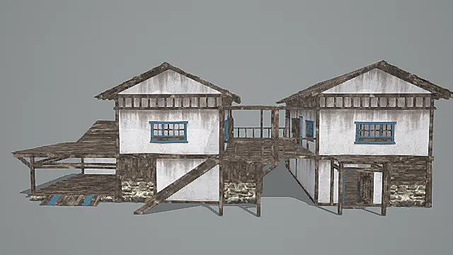 复古临水连廊双户民居3D模型