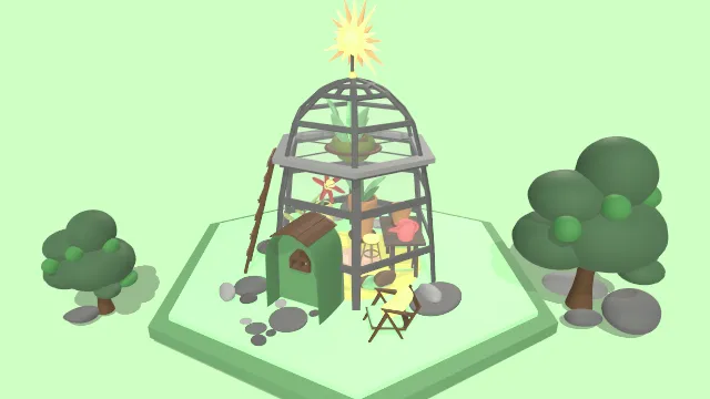 卡通风格化小温室低多边形建筑树木