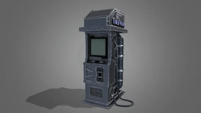 展示的是一个科幻风格的3D模型，外形一台未来感十足的可以补充燃料的储存机器
