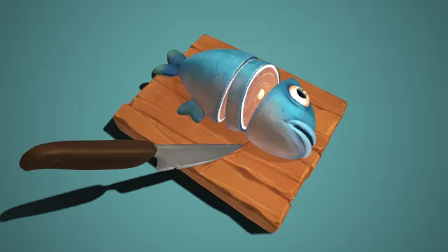 卡通  切片鱼  木板  刀具搭配  萌系食材模型  趣味