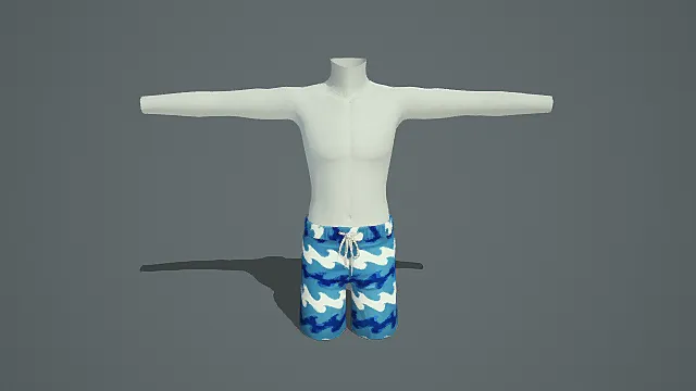 赤裸上身配蓝白波浪短裤3D模型，休闲夏日风格