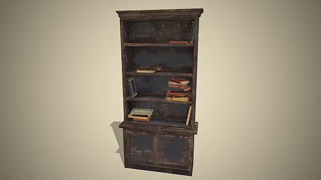 一个复古风格的木质书柜3D模型，表面带有风化做旧的质感