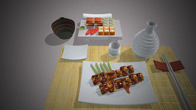 一组写实风格的3D日式料理套餐模型