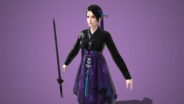 国风  暗纹汉服  古风花饰  紫黑造型  3D 女性角色模型  神秘氛围感  武侠游戏角色  剑姬