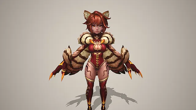 卡通 Q 版棕发虎耳虎纹女战士带利爪披风 3D 游戏角色模型