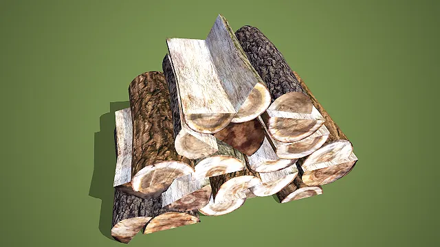 梯形堆叠劈柴与圆木段混合柴堆 3D 场景装饰模型