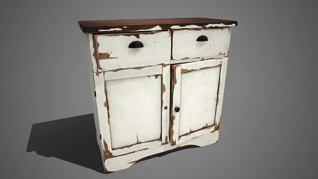 复古做旧风格  储物柜  木质结构  磨损剥落的白漆  实木台面  双抽屉与双柜门  弧形脚设计  