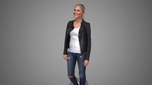 黑皮夹克破洞牛仔裤女士行走休闲姿态 3D 模型