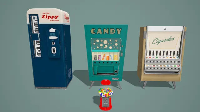 3D卡通风自动售卖机组合模型，创意设计（3D物品、卡通风格、复古可爱，售卖主题，物品元素）