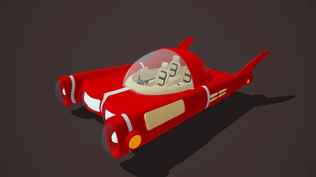 卡通风格3D飞行器模型，创意设计（卡通飞行器、3D模型、红色主体、透明驾驶舱、灰色背景、复古未来感造型 ）