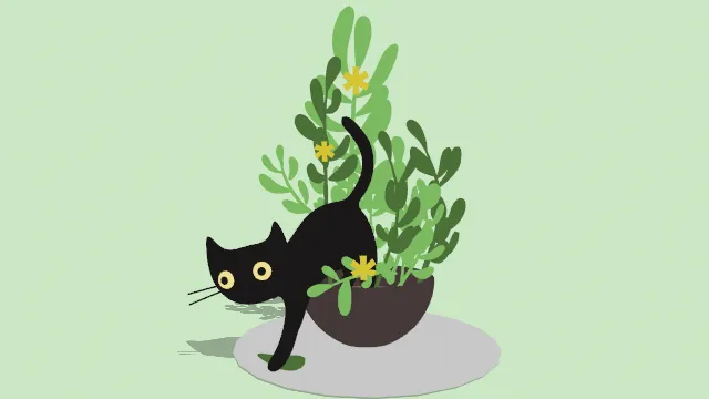 花盆里的花丛中的黑猫可爱风格动物