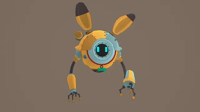 3D卡通风格黄蓝黑系机械兔角色模型，创意设计（3D机械角色、卡通风格、卡通机械风，角色设计主题）