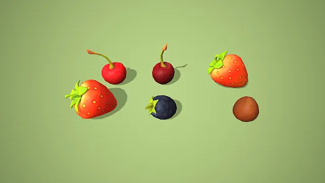 卡通风格草莓樱桃黑莓组合 3D 低多边形美食场景装饰模型