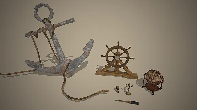 一组航海探险主题的大航海时代复古道具3D模型，