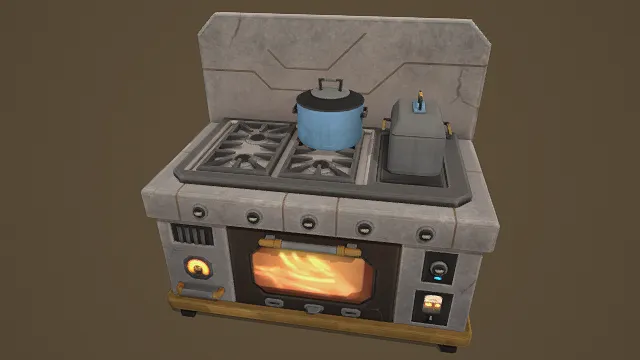 3D卡通风格灰蓝棕系科幻风厨具模型，创意设计（3D厨具、卡通风格、卡通科幻风，厨具设计主题）