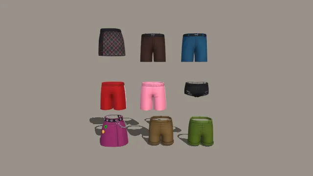 格纹拼接裙与多色亮面短裤及装饰半身裙九件套 3D 模型