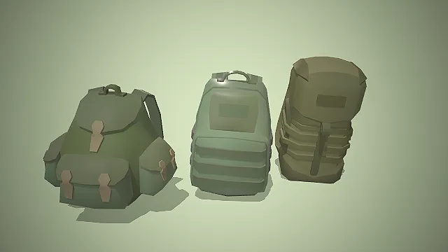 低模风格的三款不同设计的3D军绿色战术背包模型