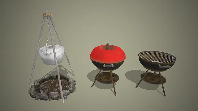 一组户外露营炊具的3D模型，包含篝火吊锅、球形烤炉和炭烤架