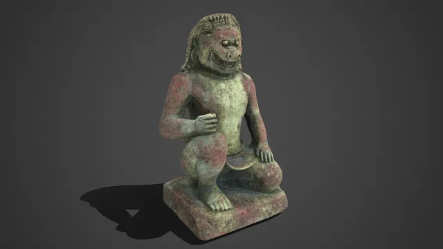 写实风格  神兽石雕  蹲坐姿态  面容威严  獠牙外露  双目圆睁  护法神兽