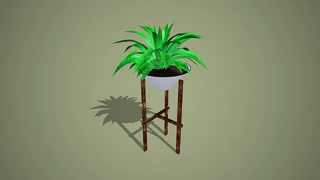 写实风格木架漏斗盆阔叶绿植盆栽 3D 室内装饰植物模型