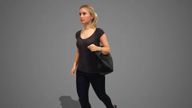 深褐短袖配黑包女士日常行走休闲姿态 3D 模型