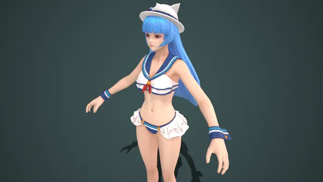 蓝发紫眼  年轻女性角色  水手帽  短裙  水手服  服装设计  泳装元素  夏日气息  青春活力