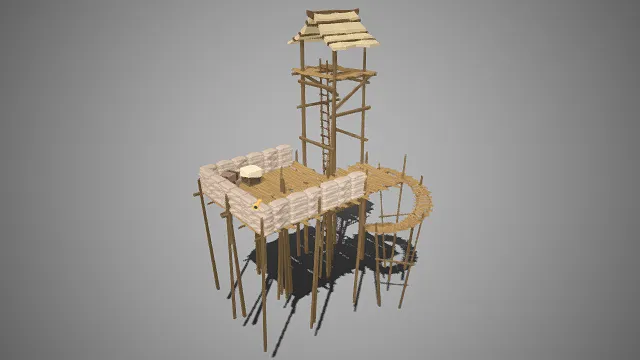 低多边形  野外高架据点  竹木支架  悬空平台  沙袋  弧形木栈道  简陋实用