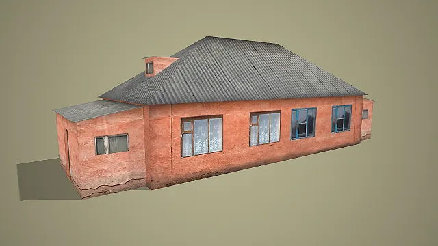 复古红砖平房带金属屋顶建筑 3D 场景模型