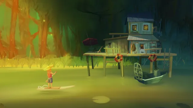 卡通风格引人入胜的房子河边木屋建筑渔船小男孩场景