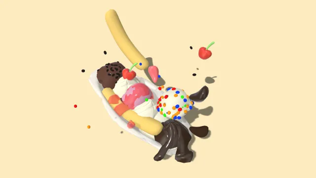 可爱的香蕉冰淇淋球甜点巧克力樱桃水果食物