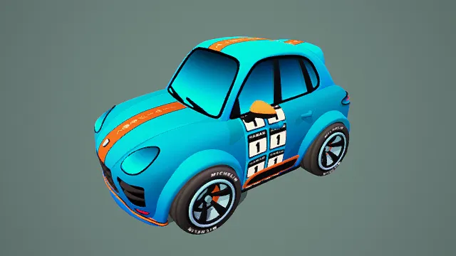卡通风格蓝色赛车3D模型，潮流设计（带橙色条纹、数字“1”印花、“MICHELIN”标识 ）