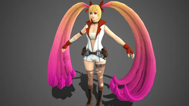 萌系战斗风格  女性游戏角色  双马尾  粉金渐变  造型夸张  工装腰带  