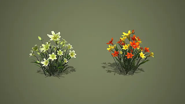 低模双色百合花花簇 3D 模型 游戏场景园林花卉素材
