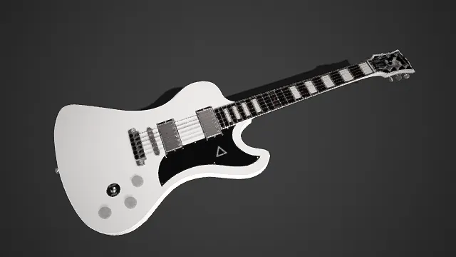 设计简洁  电吉他  白色琴身  线条流畅  双金属拾音器  拉弦板  乐器  摇滚流行
