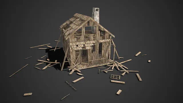 木屋  破败荒凉  大面积残损  废弃  色调偏暗沉  废墟的沧桑感  荒野场景