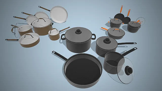 一组家用锅具套装的3D模型  厨房炊具套装