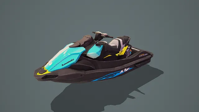 写实风格 Kawasaki 摩托艇 3D 模型，潮流设计（蓝黑黄配色、带“Kawasaki”标识、数字“30”印花 ）