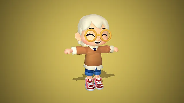 Q 版白发眼镜萌系角色：休闲风卡通老奶奶 3D 模型