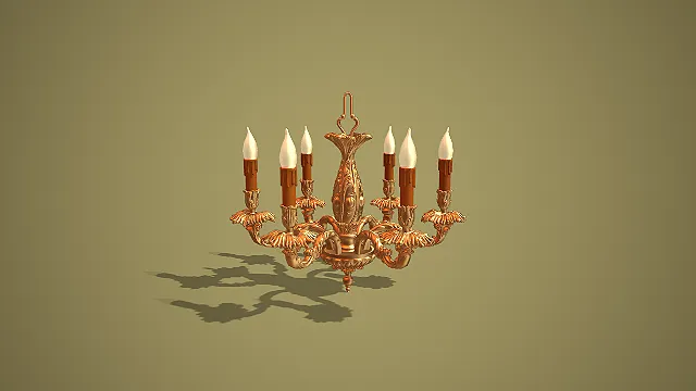 欧式复古金色雕花四臂烛台吊灯场景装饰模型