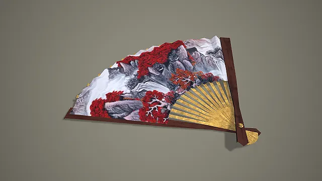 写实风格红枫山水国画折扇 3D 古风装饰道具模型