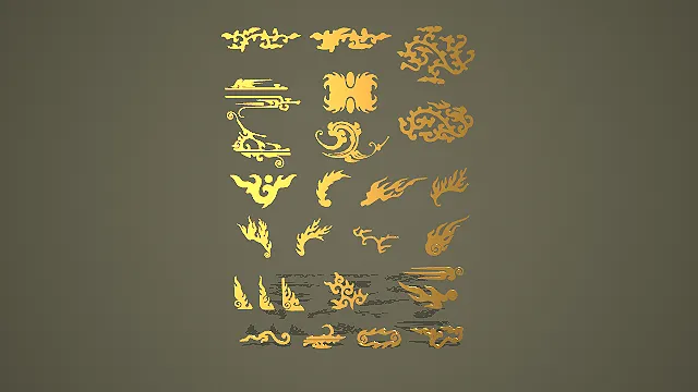 中式云纹火焰纹组合 3D 低多边形国风装饰场景模型